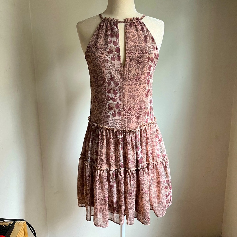 Drew tiered keyhole dress pink floral, XS